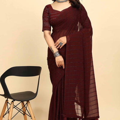 Dark Maroon Striped Zari Woven Chiffon Saree With Tassels