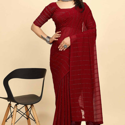 Dark Red Striped Zari Woven Chiffon Saree With Tassels
