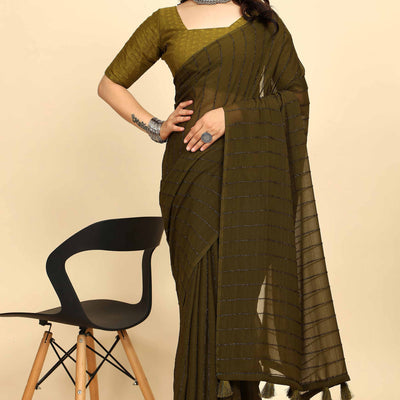 Mehendi Green Striped Zari Woven Chiffon Saree With Tassels