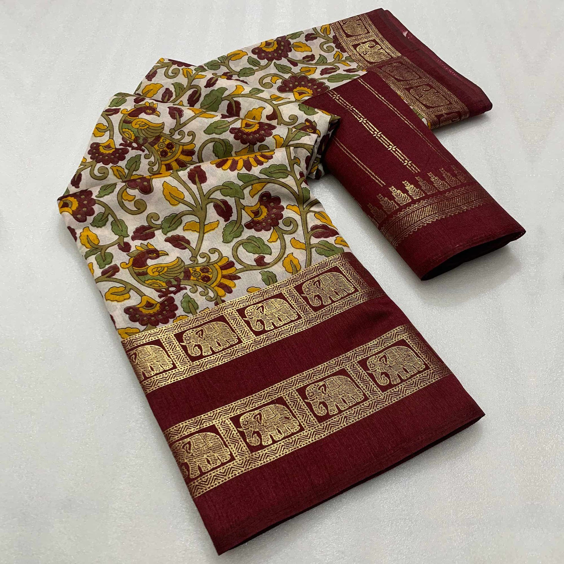 Maroon Kalamkari Printed Dola Silk Saree