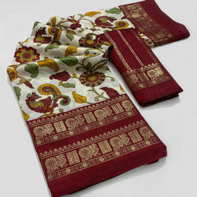 Maroon Floral Printed Dola Silk Saree