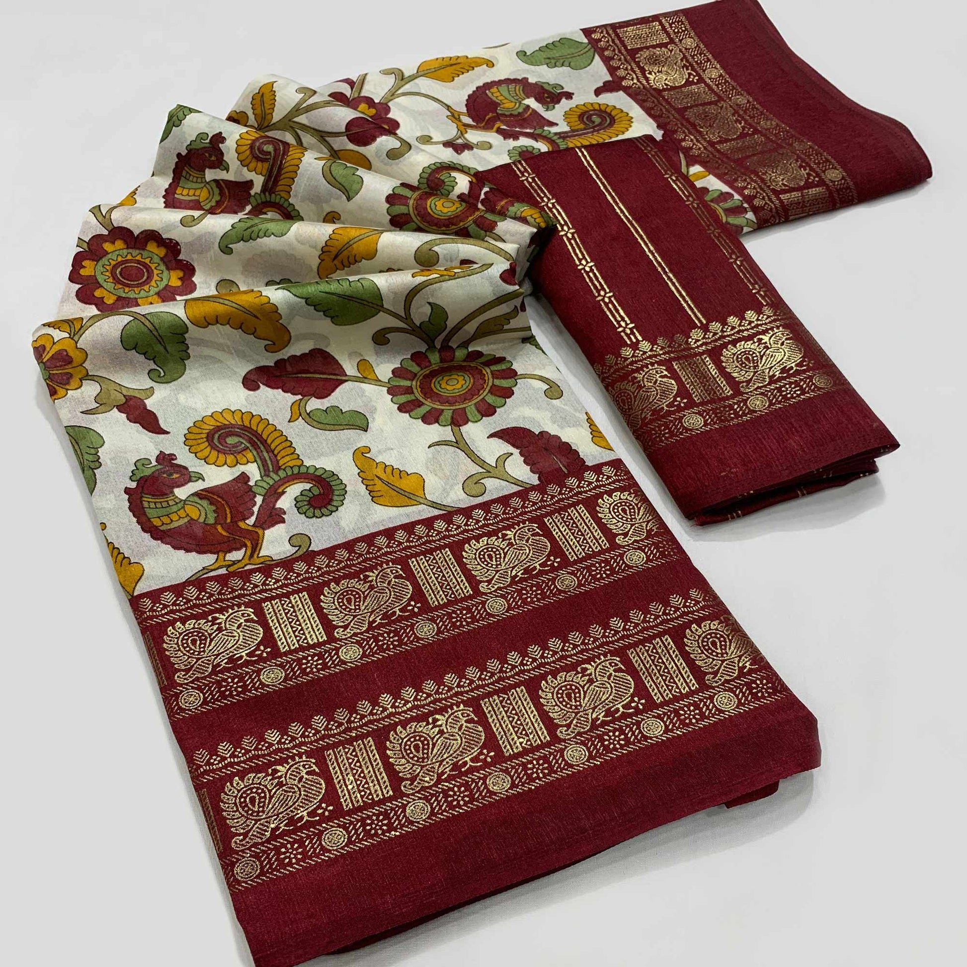 Maroon Floral Printed Dola Silk Saree