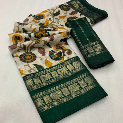 green-kalamkari-printed-dola-silk-saree-1