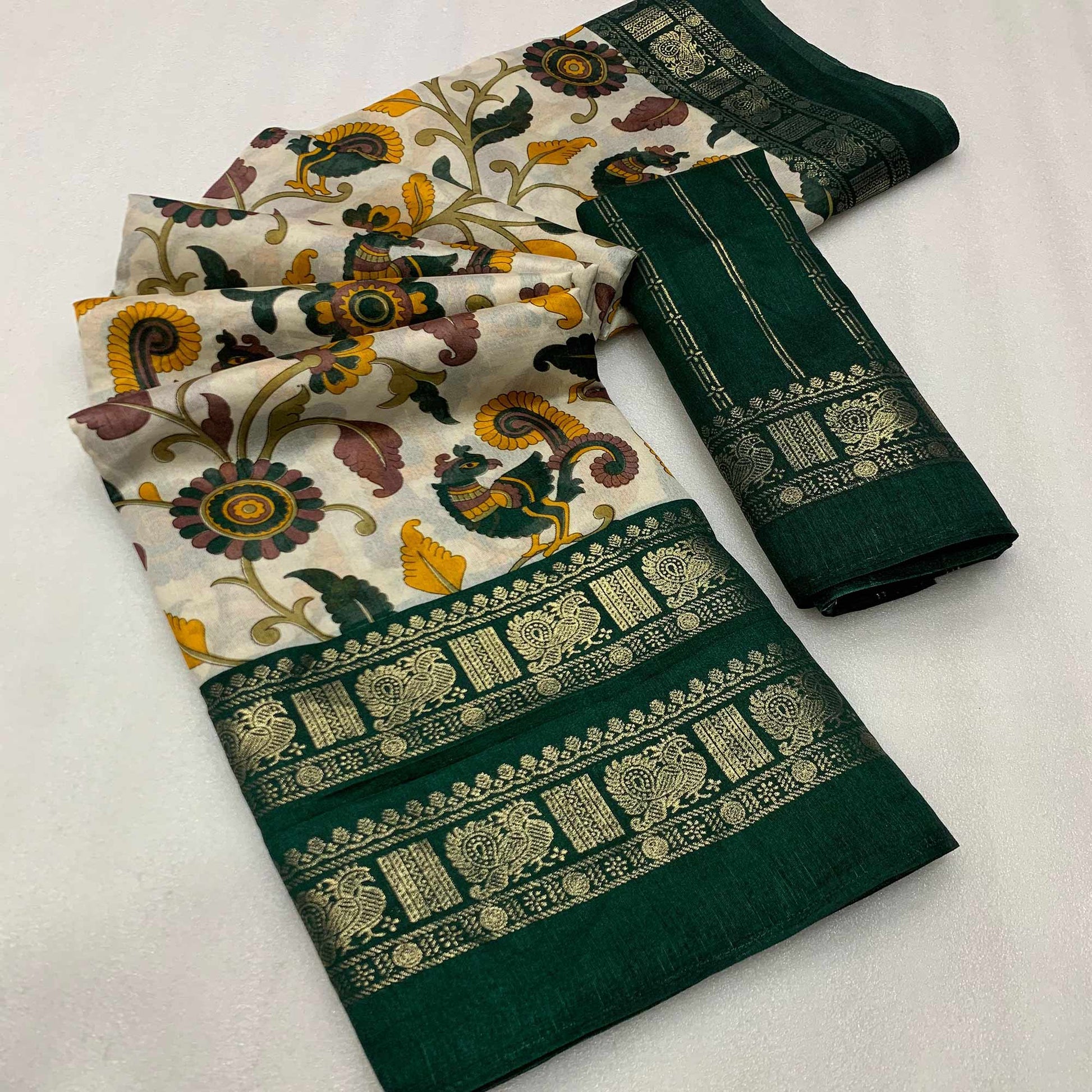 green-kalamkari-printed-dola-silk-saree-1