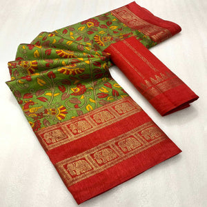 green-floral-kalamkari-printed-dola-silk-saree
