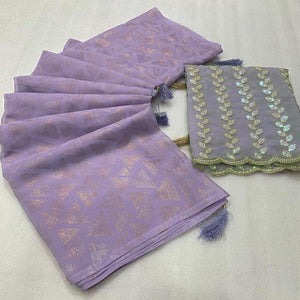 Lavender Geometric Foil Printed Georgette Saree With Tassels
