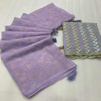 Lavender Geometric Foil Printed Georgette Saree With Tassels