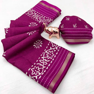 Dark Magenta Floral Printed Cotton Crepe Saree With Katha & Zari Border