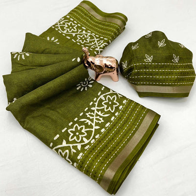 green-floral-printed-cotton-crepe-saree-with-katha-zari-border