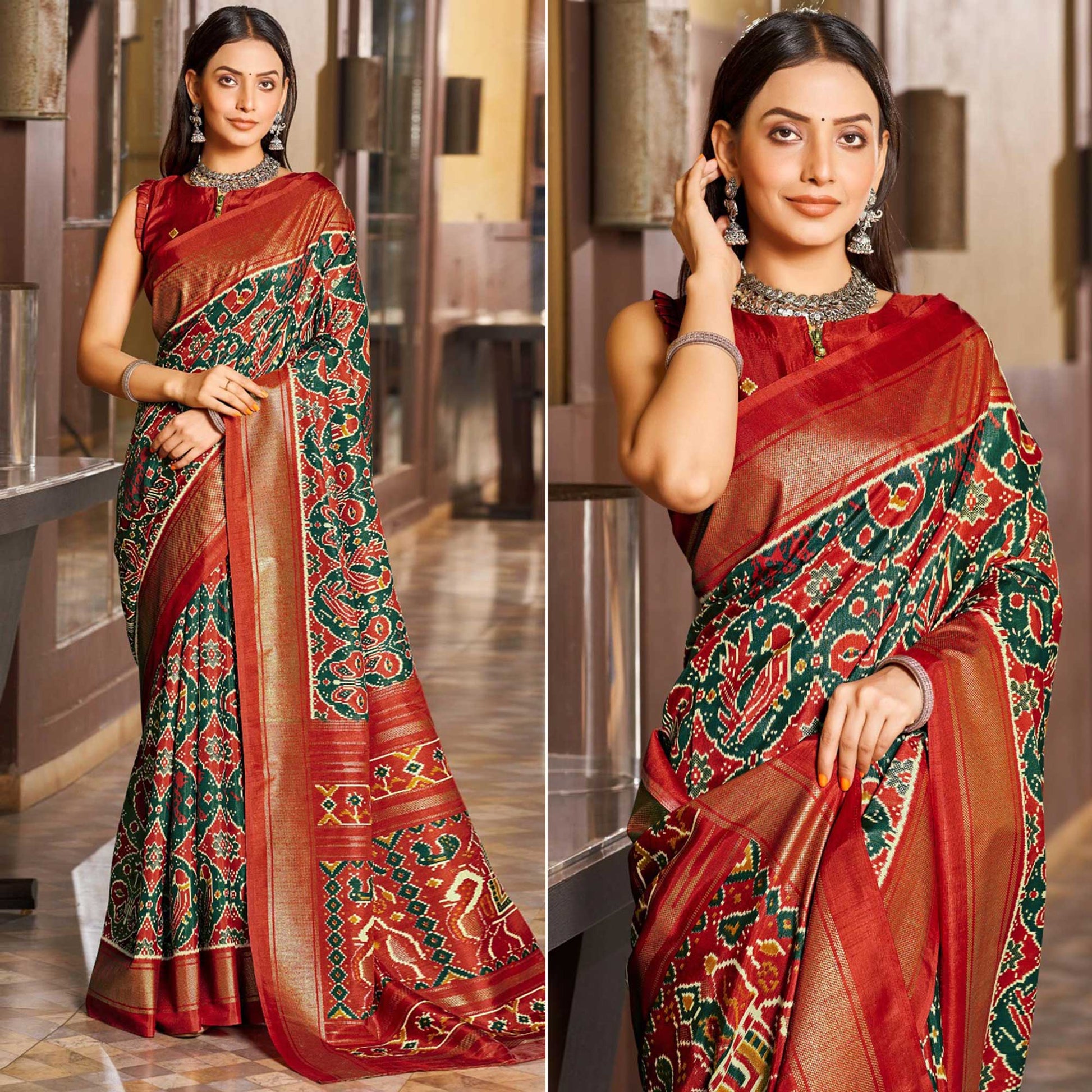 green-red-patola-printed-viscose-saree-with-zari-border