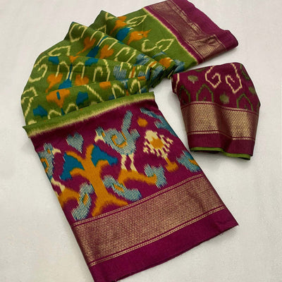 green-magenta-ikkat-foil-printed-dola-silk-saree