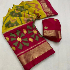 green-rani-pink-ikkat-foil-printed-dola-silk-saree