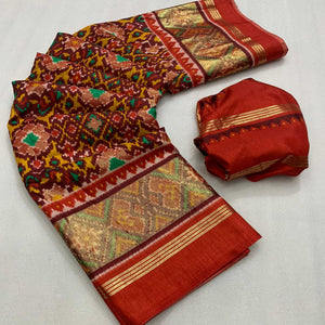 Maroon Ikkat Foil Printed Dola Silk Saree