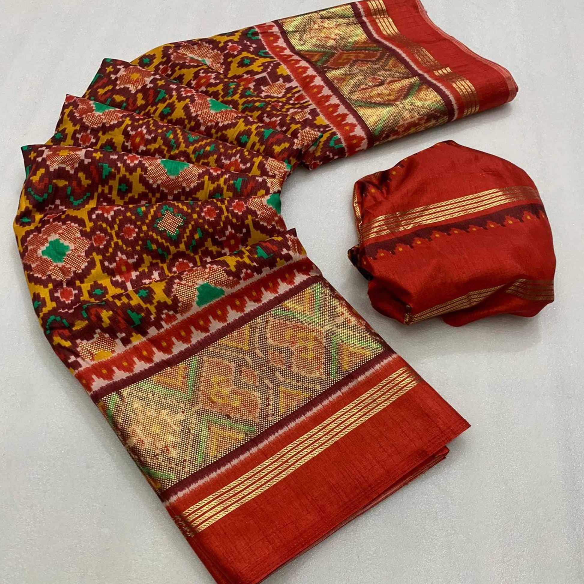 Maroon Ikkat Foil Printed Dola Silk Saree