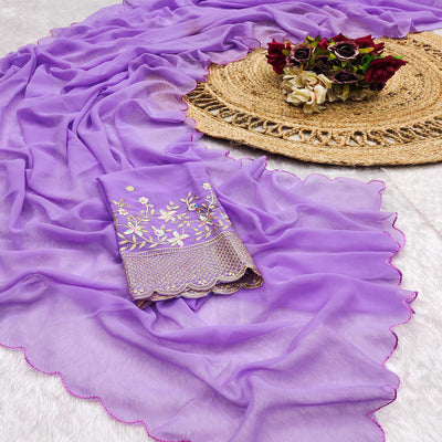 Lavender Solid Georgette Saree With Embroidered Border