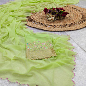 Light Green Solid Georgette Saree With Embroidered Border