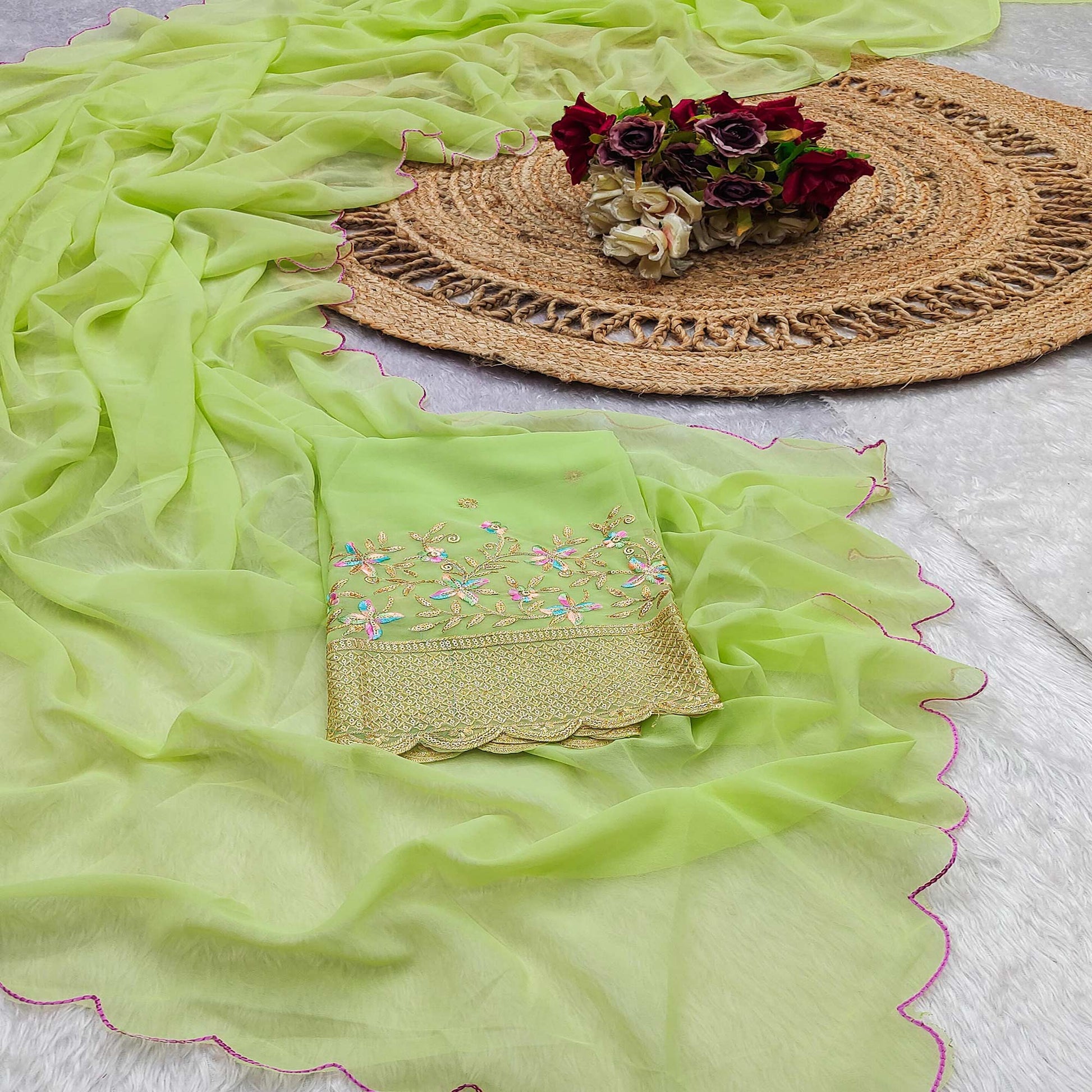 Light Green Solid Georgette Saree With Embroidered Border