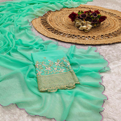 Mint Green Solid Georgette Saree With Embroidered Border