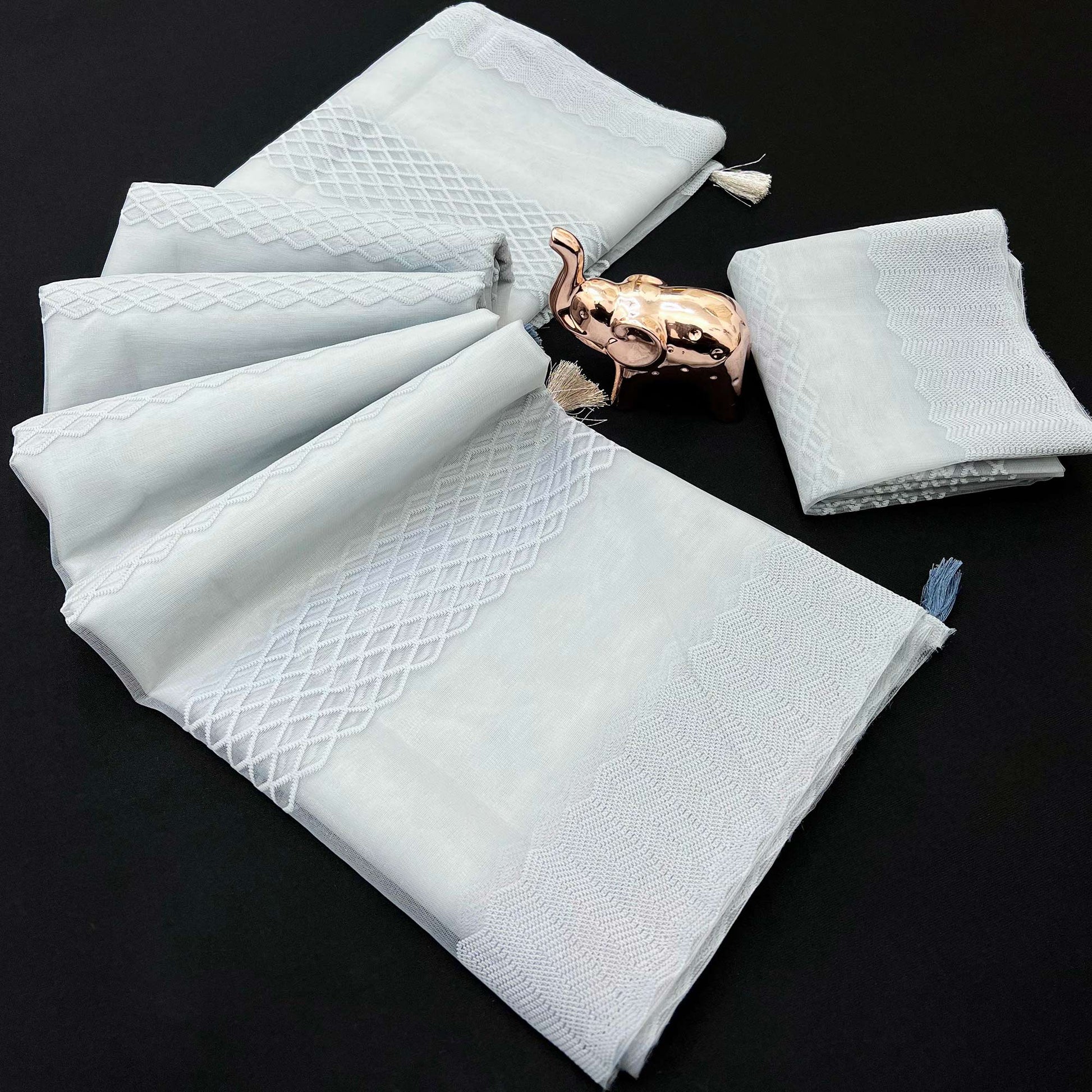 Grey Woven Thread Work Net Saree With Tassels