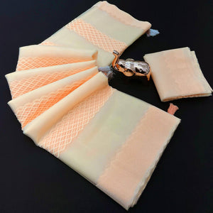 Light Peach Woven Thread Work Net Saree With Tassels