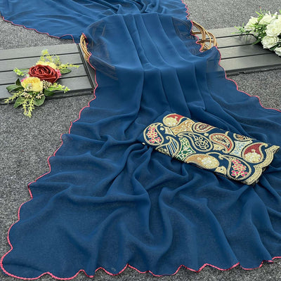 Blue Solid Georgette Saree With Embroidered Border