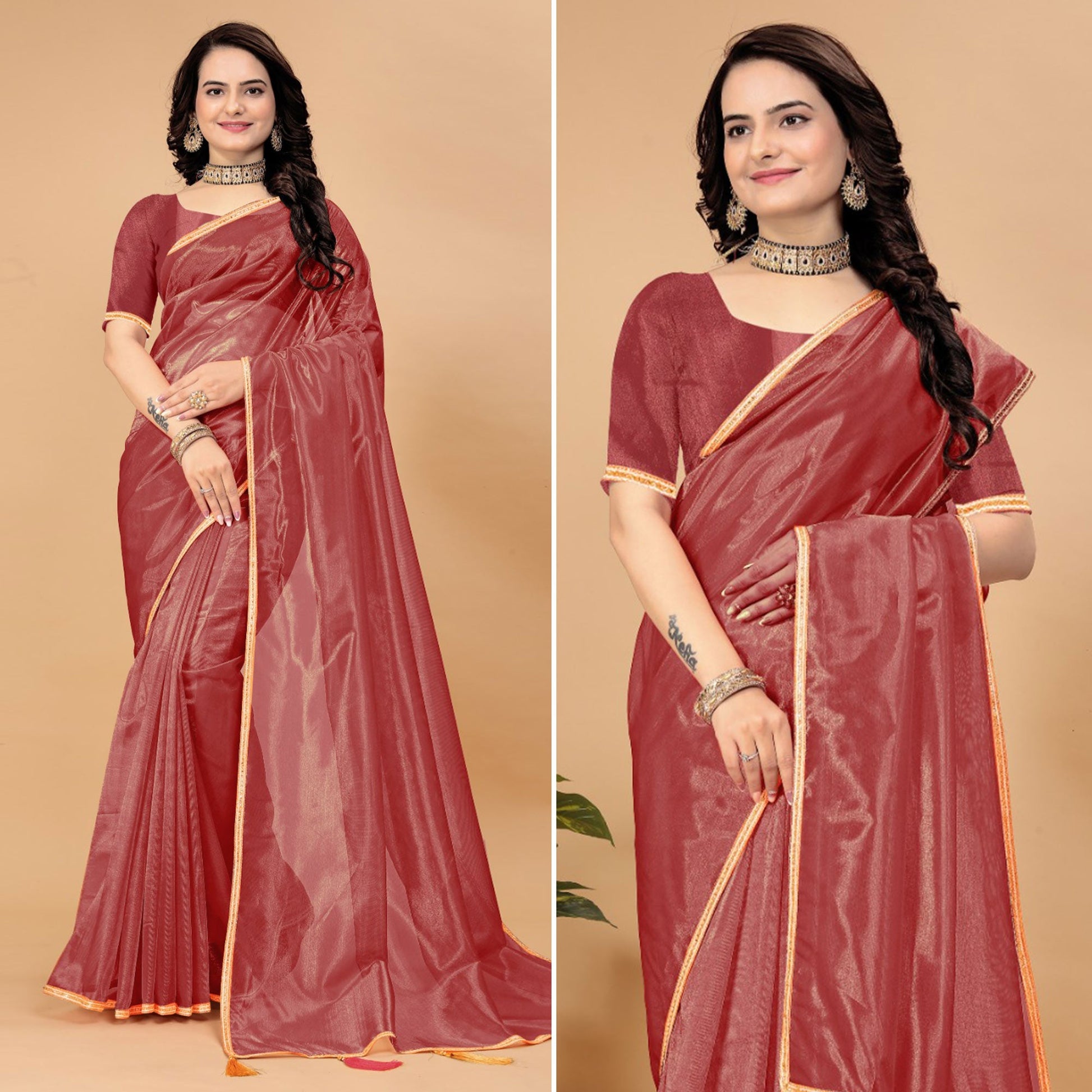 Brick Red Solid Nylon Saree With Lace Border