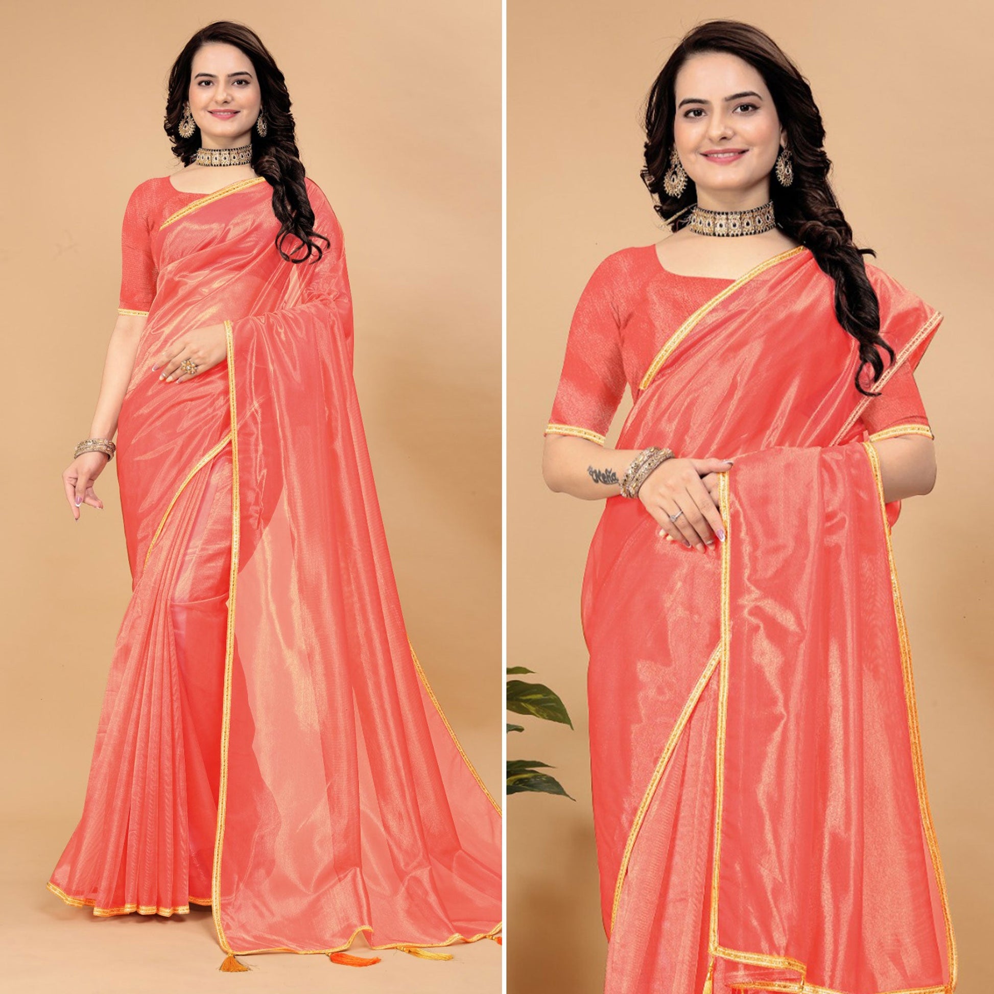 Dark Peach Solid Nylon Saree With Lace Border