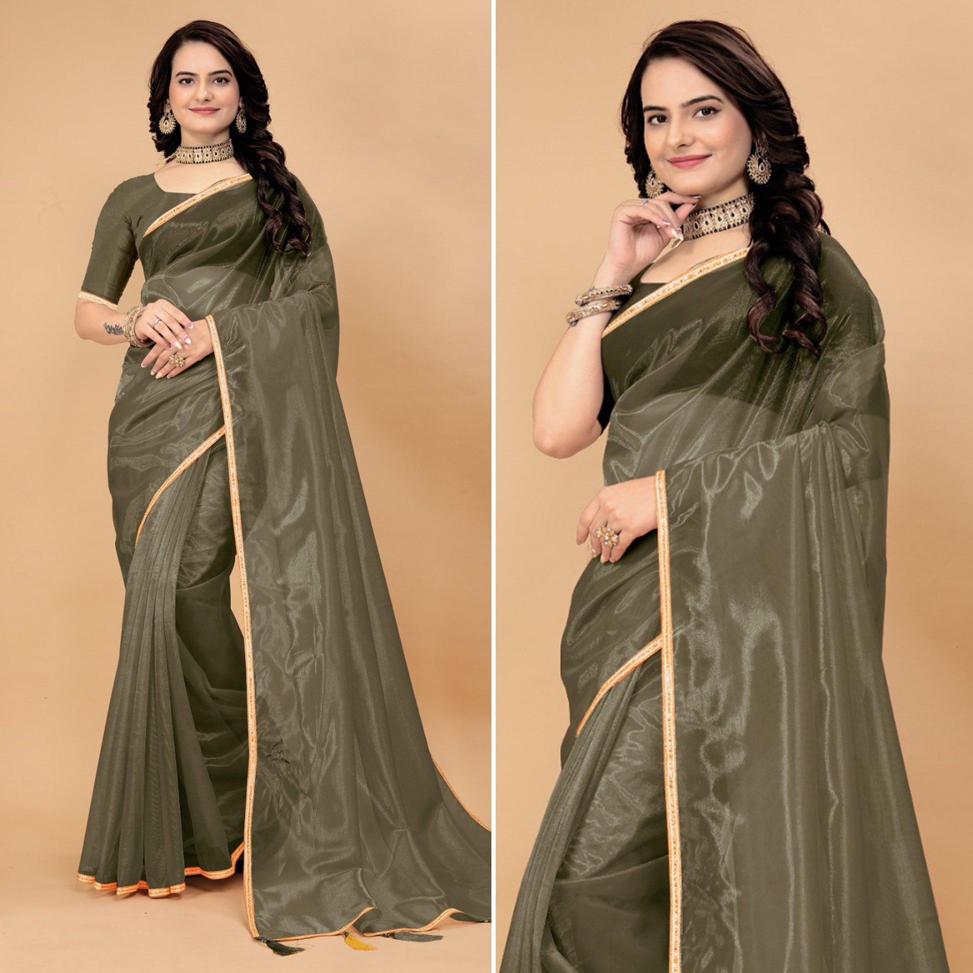 Mehendi Green Solid Nylon Saree With Lace Border