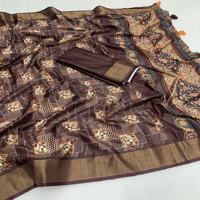 Coffee Brown Digital Printed Tussar Silk Saree