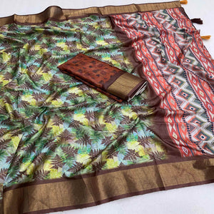 Dark Brown Digital Printed Tussar Silk Saree