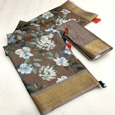 Mud Brown Digital Printed Tussar Silk Saree