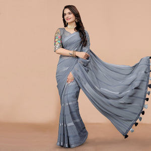 Grey Zari Woven Georgette Saree With Tassels