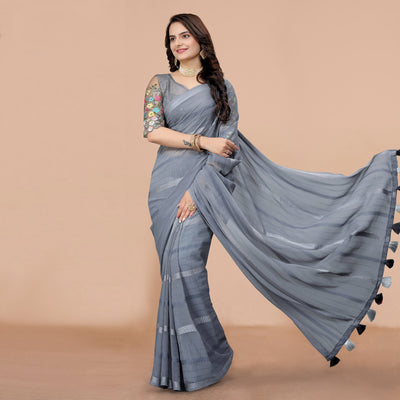 Grey Zari Woven Georgette Saree With Tassels