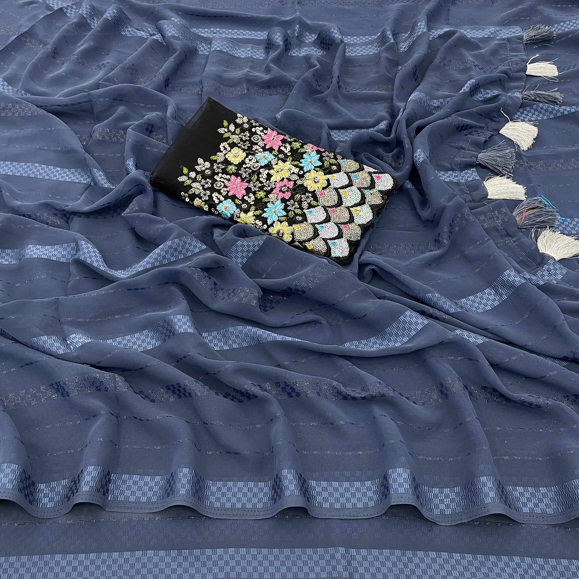 Bluish Grey Woven Georgette Saree With Tassels