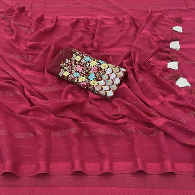 Maroon Woven Georgette Saree With Tassels