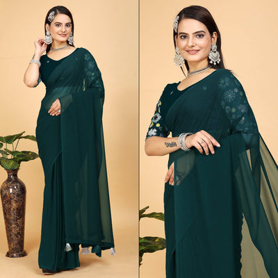 Dark Teal Solid Georgette Saree With Tassels