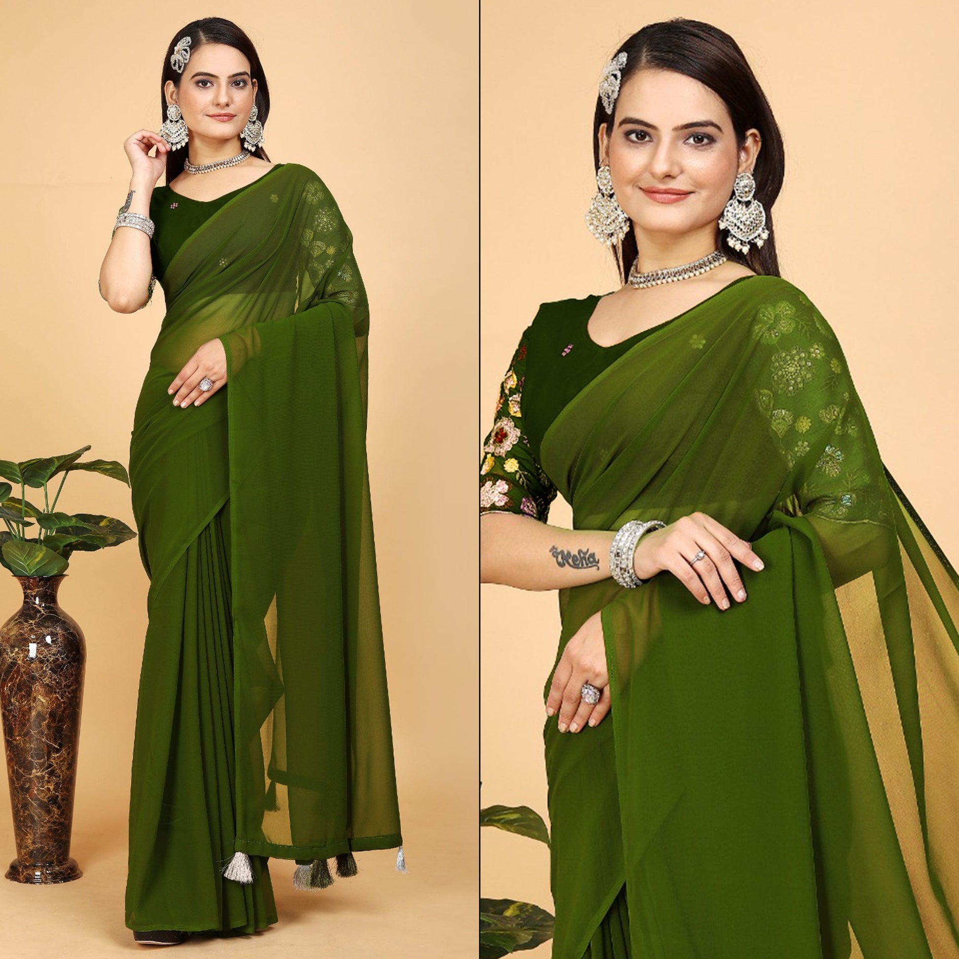 green-solid-georgette-saree-with-with-tassels
