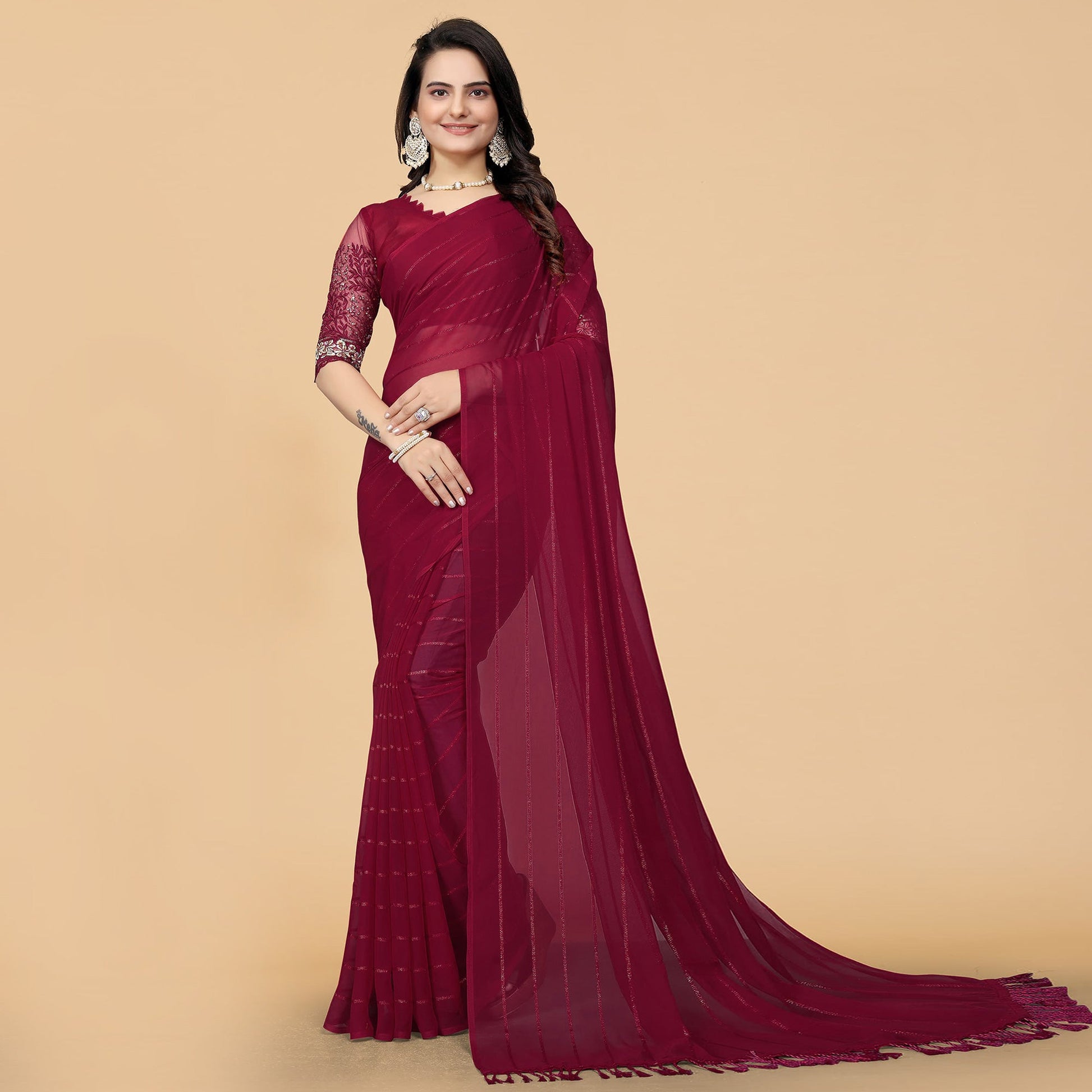 Maroon Woven Georgette Saree with Tassels