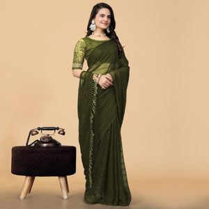 Mehndi green Woven Georgette Saree with Tassels
