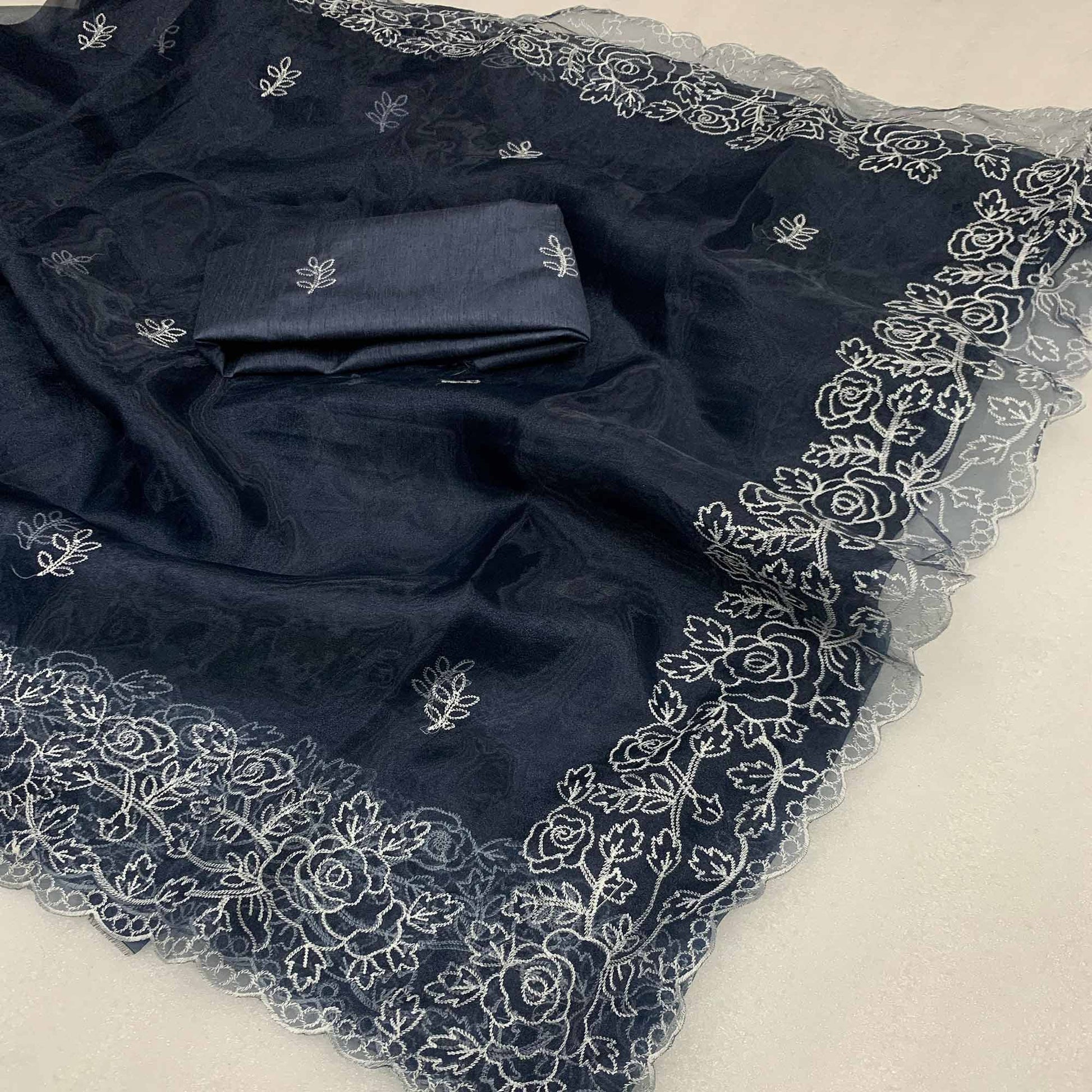 Dark Grey Floral Embroidered Organza Saree