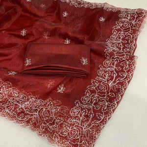 Maroon Floral Embroidered Organza Saree