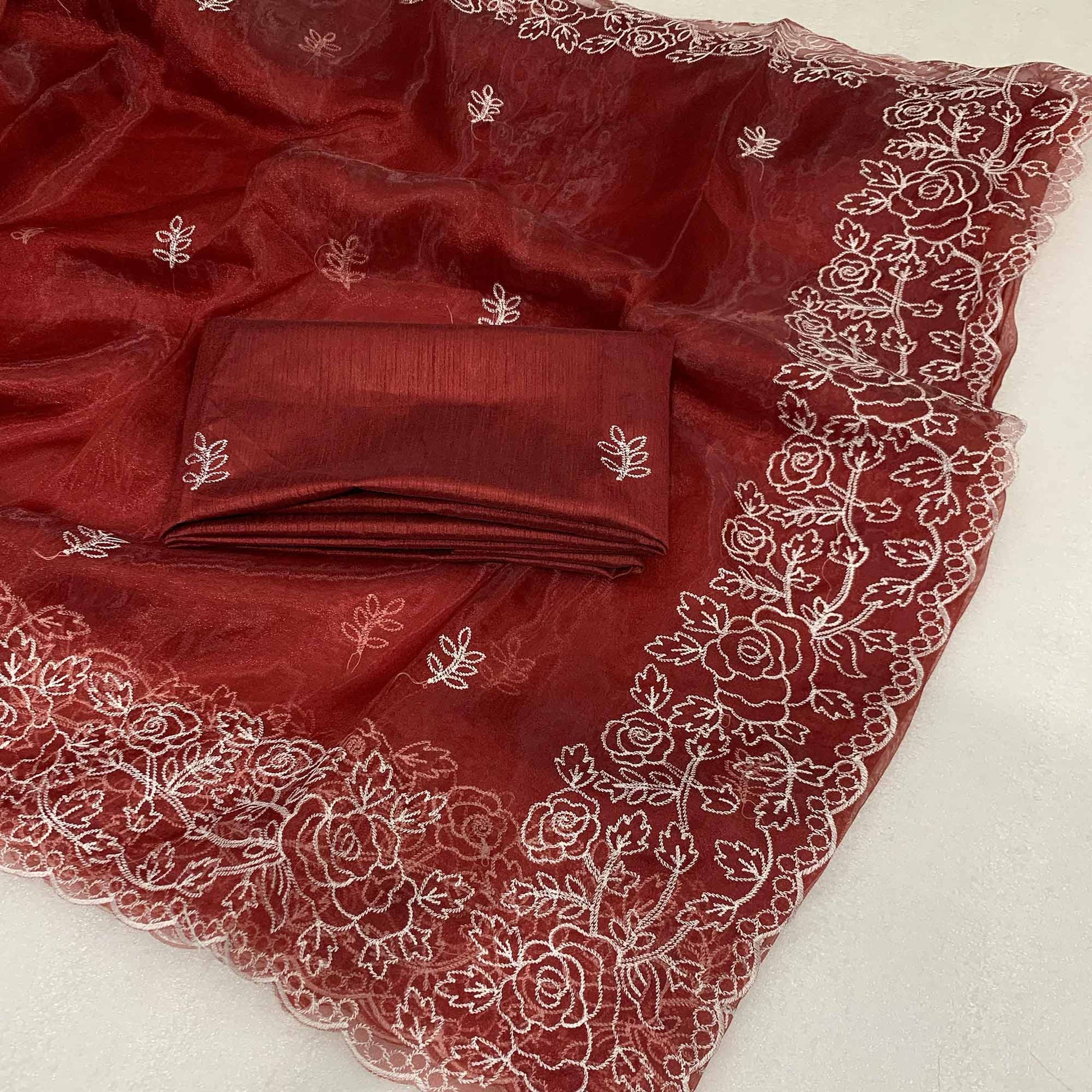 Maroon Floral Embroidered Organza Saree