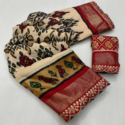 Cream Ikkat Printed Dola Silk Saree With Sequins Embroidery Border