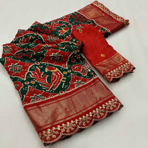 green-red-ikkat-printed-dola-silk-saree-with-sequins-embroidery-border