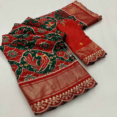green-red-ikkat-printed-dola-silk-saree-with-sequins-embroidery-border
