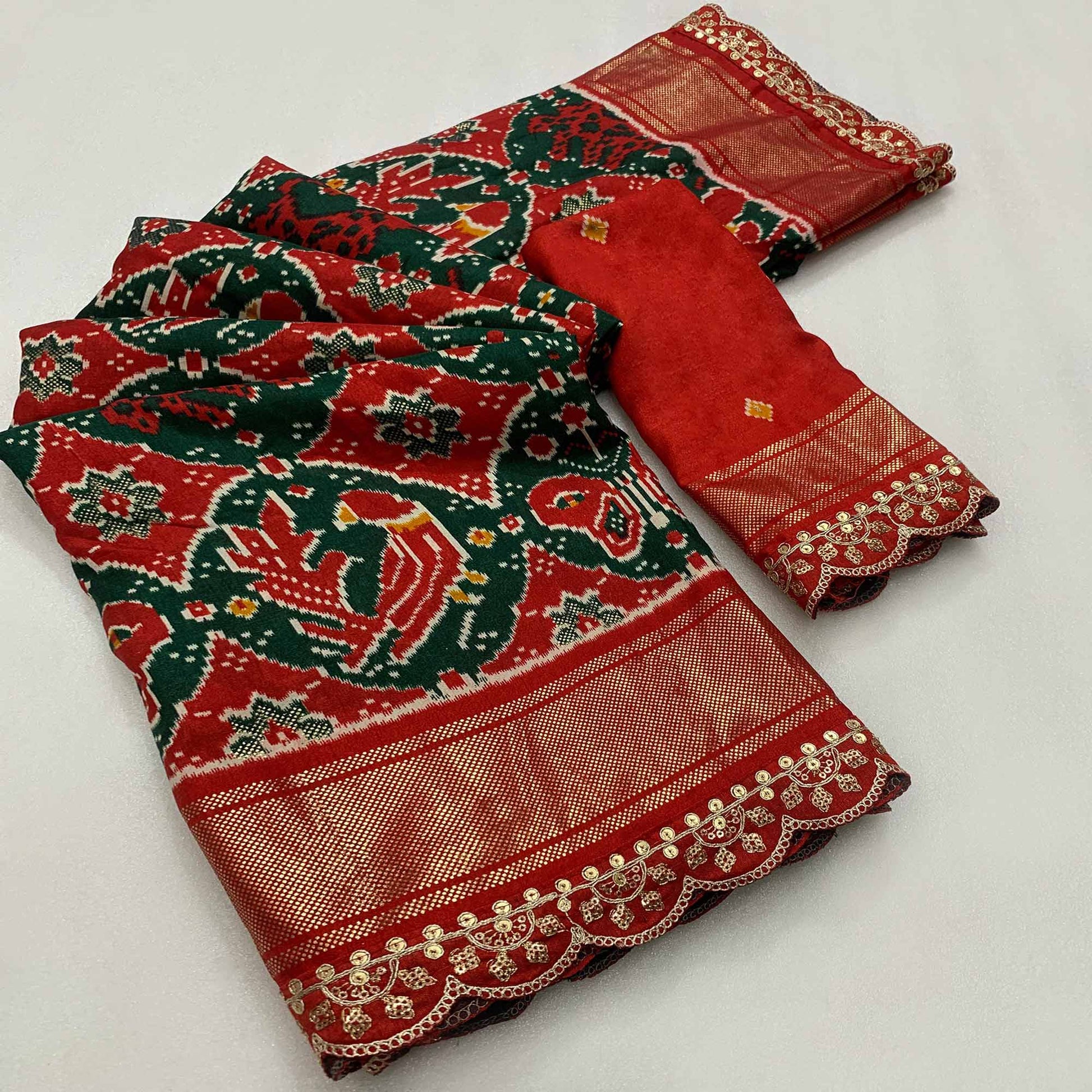 green-red-ikkat-printed-dola-silk-saree-with-sequins-embroidery-border
