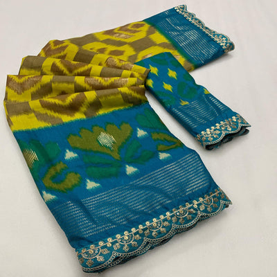 Lemon Yellow Ikkat Printed Dola Silk Saree With Sequins Embroidery Border