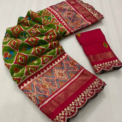 green-ikkat-foil-printed-silk-saree-with-sequins-embroidery-border