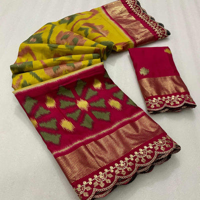 green-pink-ikkat-foil-printed-silk-saree-with-sequins-embroidery-border