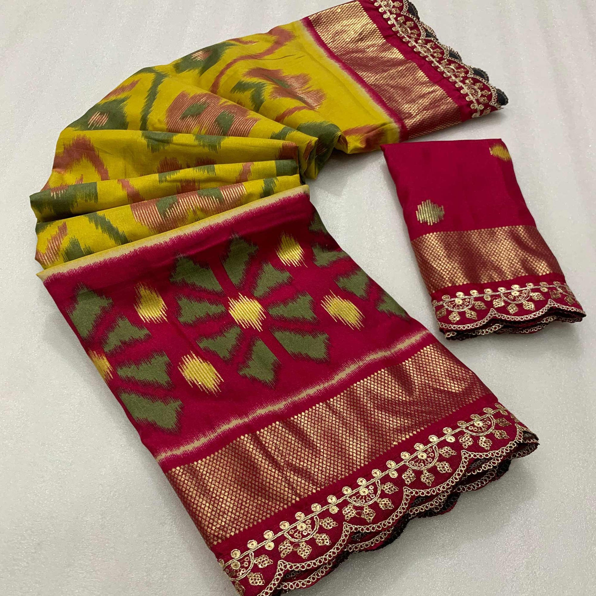 green-pink-ikkat-foil-printed-silk-saree-with-sequins-embroidery-border